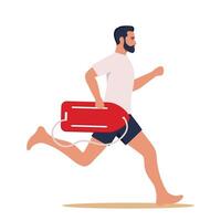 Man lifeguard runs along beach to save life of man in need of help is drowning in sea. Guy works as lifeguard. illustration. vector