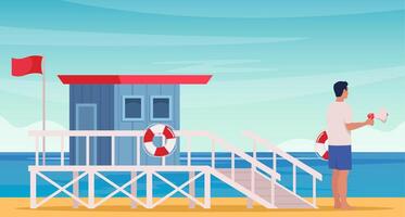 Lifeguard tower and professional beach lifeguard standing with lifebuoy and loudspeaker on the beach. Coast guard station in modern flat design. illustration. vector