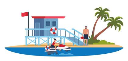 Lifeguard tower and professional beach lifeguard standing with lifebuoy and loudspeaker on the beach. Coast guard station in modern flat design. illustration. vector