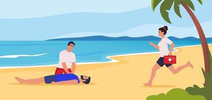 Beach lifeguard performs indirect heart massage to drowning man rescued from the water. Emergency drowning assistance situation. Cardio Pulmonary Resuscitation. . vector