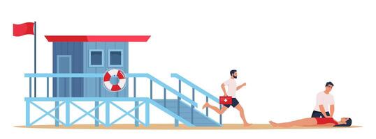 Beach lifeguard performs indirect heart massage to drowning woman rescued from the water. Lifeguard tower and professional beach lifeguard with first aid kit. Cardio Pulmonary Resuscitation. . vector