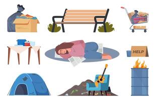 Homeless People live on the street, set of elements. Beggar character need help and work, sleeping on street, wearing ragged clothing, pick up garbage. Illustration. vector