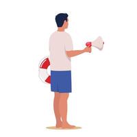 Professional beach lifeguard standing with lifebuoy and loudspeaker on the beach. Security staff, safety on water worker. illustration. vector