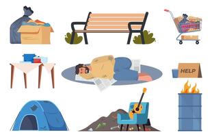 Homeless People live on the street, set of elements. Beggar character need help and work, sleeping on street, wearing ragged clothing, pick up garbage. Illustration. vector