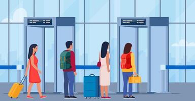 Airport security metal detectors in airport lounge. Passengers passing through scanner checkpoint gate at airport. Full body scanners. Security check gates. Airport security service. . vector