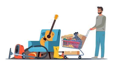 Homeless vagrant person looking for things in a landfill. Ragged vagabond. Homeless man with trolley cart full of belongings. Beggar on dump. . vector