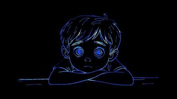 Neon frame effect, Pensive Face - Deep thought on black background video