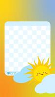Cheerful photo collage template. Smiling sun behind white clouds. Vibrant yellow and orange gradient background. Central transparent photo space. Fun and playful design. Perfect for social media posts vector