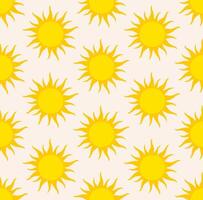 Seamless pattern of bright yellow suns on a light yellow background. Simple, cartoonish sun with sharp, spiky rays radiating outwards. Evenly spaced grid pattern. Cheerful, sunny, and optimistic. vector