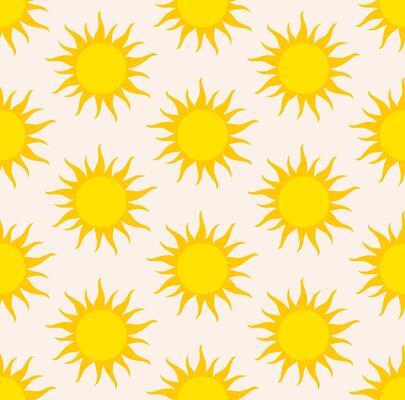 Seamless pattern of bright yellow suns on a light yellow background. Simple, cartoonish sun with sharp, spiky rays radiating outwards. Evenly spaced grid pattern. Cheerful, sunny, and optimistic.