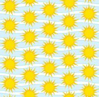 Seamless pattern with bright yellow suns in alternating rows. Simple cartoonish sun design. Spiky rays radiating outward. Light blue background with wavy blue stripes. Cheerful, sunny, and optimistic. vector