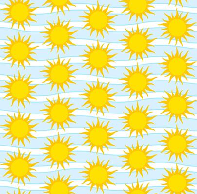 Seamless pattern with bright yellow suns in alternating rows. Simple cartoonish sun design. Spiky rays radiating outward. Light blue background with wavy blue stripes. Cheerful, sunny, and optimistic.