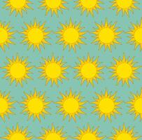 Seamless pattern with bright cheerful yellow suns. Cartoonish sun design with spiky rays. Teal color background. Optimistic and playful aesthetic. For children's products and home decor, fabric print. vector