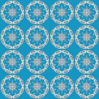 Seamless repeating pattern of intricate white mandalas on blue background. Lacy floral flower feminine details. Elegant, luxurious harmonious and symmetrical design. Eye catching visual impact. vector