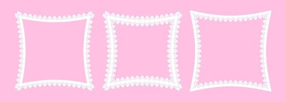 Collection of 3 square white lace frames. Intricate delicate elegant sophistication graphic elements. Feminine graceful border. Suitable for decorative, photo frame, invitations, souvenir design. vector