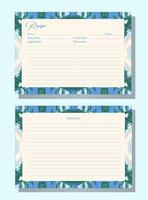 Recipe cards with blue and white border for organizing and sharing family kitchen recipes. Intricate geometric shapes and patterns. Sections for recipe name, ingredients, instructions, and servings. vector