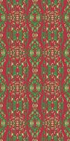 Seamless tribal ornament. Ethnic African-inspired pattern. Geometric chevrons and mosaic design. Red, yellow, and green christmas color palette. Suitable for fabric textiles and rugs. vector