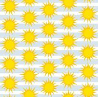 Seamless pattern with vibrant yellow suns and striped blue and white background. Repeating cheerful and sunny motif. Optimistic and playful aesthetic. Simple, bold design. Eye-catching and bright. vector