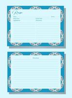 Recipe card with decorative border. Abstract pattern blue and white. Intricate swirling lines shapes. Divided into sections for recipe details. Elegant and functional printable. Ideal for kitchen use. vector