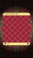 Festive photo collage template. Red background with gold and green accents. Intricate geometric patterns. Christmas color palette. Visually striking frame design. Suitable for holiday-themed projects. vector