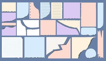 Paper page template set. Isolated torn pieces of paper, checkered notebook sheets and Sticky Note. illustration for design . vector
