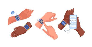 Smart watch set. illustration depicting various hand gestures. Digital technology concept in flat design style. illustration of a wristwatch. Physical activity. vector