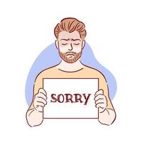 A depiction of a sorrowful man seeking forgiveness, teary eyed, holding a sorry sign. This sketch is designed for use in books, brochures, and mental health support websites. vector