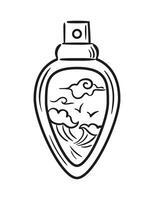 Elegant design of a perfume bottle with a beautiful view of the ocean in an Asian style. illustration in sketch style. Marine aroma. For sticker, packaging, design element vector