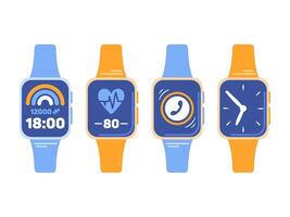 Set of smart watches, gadget variations. Physical activity tracker, time, heart rate indicator, phone call. Digital technology concept in flat design style. illustration of a wristwatch. vector