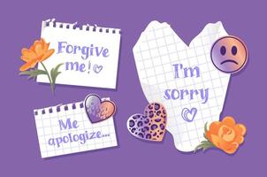 Sorry sign. Notes with apologies and flowers. Collage, torn sheets, notebook. Metallic holographic Y2k stickers emoticons in 2000s style. Aesthetics 90s, 00s. illustration, realistic style vector