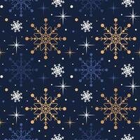 Seamless pattern of unique white and gold snowflakes on a bright blue background, creating a whimsical winter atmosphere. Perfect for festive designs, textiles, and holiday-themed projects. vector