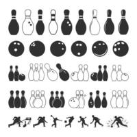 Bowling pins and bowling balls set of icons vector