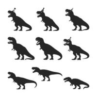 A set of silhouettes of dinosaurs with different hats vector