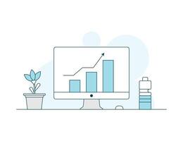 Business growth Illustration with computer monitor blank display screen and flower pot and water bottle. pc, desktop, monitor, laptop flat illustration vector