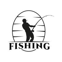 A fisherman with a fishing rod pulling a fish, . The silhouette of a fisherman with an oval background. This logo is designed for fishing events or activities. vector