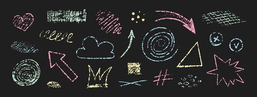 Chalk color brush lines, arrows, heart, circle, spiral. Crayon abstract grunge elements, square, frame, cloud, cross,dots. Kids hand drawn pencil scribbles on black background. set vector