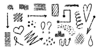Chalk brush lines, arrows. Crayon grunge elements, circle, heart, abstract, square, frame, cross. Doodle pencil scribbles on white background. set vector