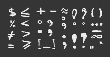 Chalk punctuation marks, charcoal symbols by pencil, hand drawn lines, parentheses, plus, minus, more, less, question and exclamation marks, infinity, comma, dot, percentage, lines. Grunge crayon vector