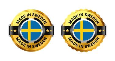 Made in Sweden logo a gold circle with a picture of a flag in the middle. For icon, label, badge, mark, sign, symbol, etc. Modern and minimalist. Illustration vector