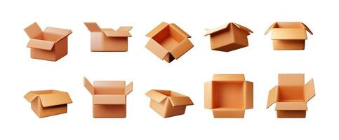 3D open carton packaging box set isolated on white. Render collection of cardboard package with cover vector