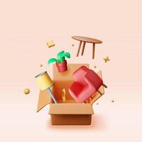 3D open cardboard box with home goods isolated. vector