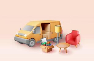 3D delivery van with open door and home stuff inside. Render moving to new house. vector