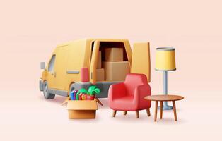 3D delivery van with open door and home stuff inside. Render moving to new house. vector