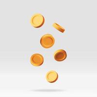 3d falling gold coins, money rain. Render golden coins. Rotating empty golden money sign vector