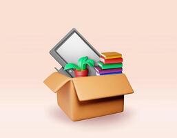 3D open cardboard box with home goods isolated. Render computer monitor, plant in pot, books. vector