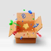 3d opened cardboard box with color confetti isolated vector