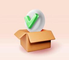 3d opened delivery box with checkmark. Render yes icon in open cardboard box. vector