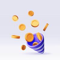 3d party popper with flying money coin. Render firecracker explosion full of golden coins vector
