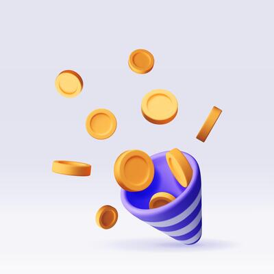 3d party popper with flying money coin. Render firecracker explosion full of golden coins