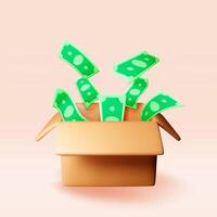 3D cardboard box with dollars inside isolated. Render open carton package with cash money. vector